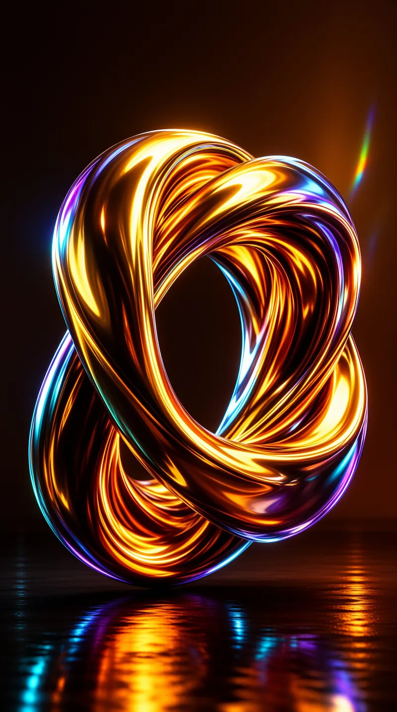 A twisted three dimensional shape resembling an infinity symbol sits on a dark surface, glowing with warm orange and yellow tones that shift into blue and purple edges.