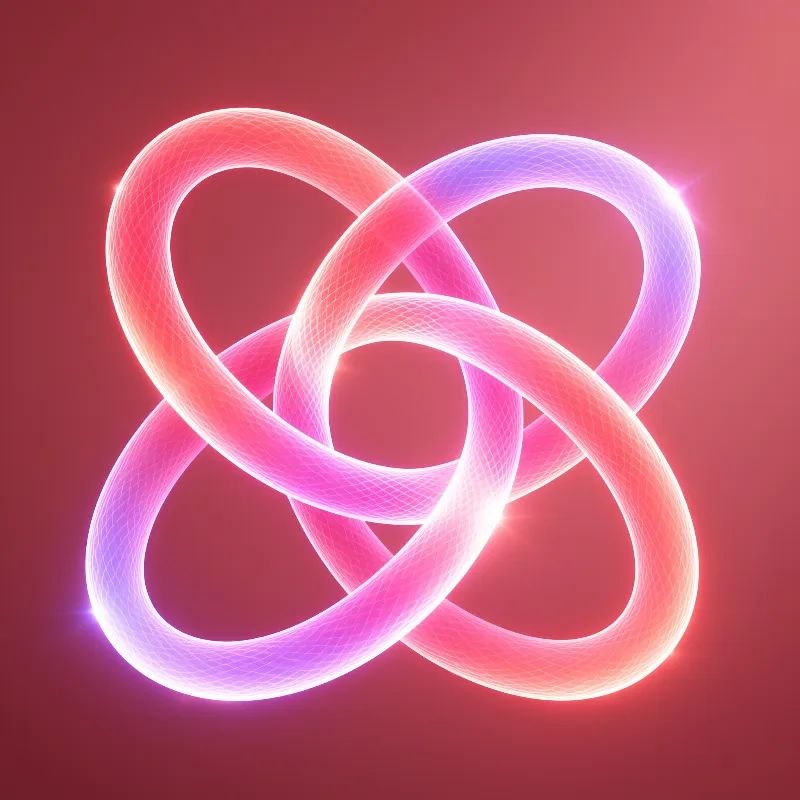 A luminous pink and purple interwoven loop floats in a dark red gradient space