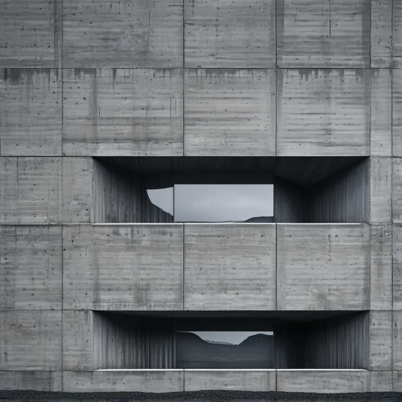 A concrete wall with two large window openings frames a distant view of rolling hills under a cloudy sky.