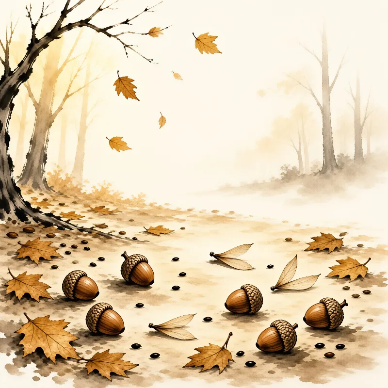 Watercolor illustration of acorns and falling leaves resting on a misty forest floor with soft brown and yellow tones.