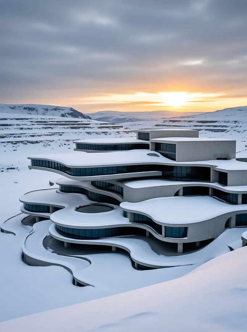 A modern curved building with snow-covered roofs sits in a vast snowy landscape during the golden hour of sunset.