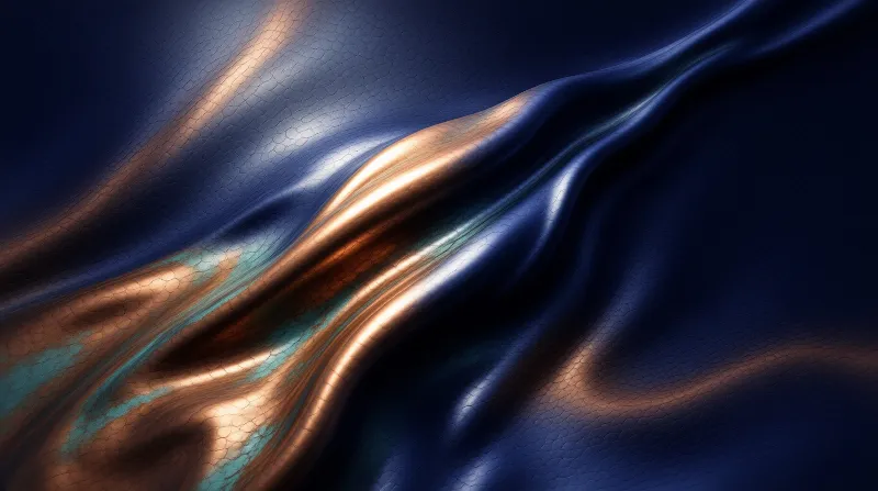 Blue rippled surface with cracked texture showing bright copper highlights and deep shadows across the composition.