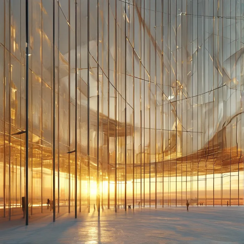 A vast glass colonnade bathed in warm sunset light stretches to the horizon with tiny silhouetted figures walking beneath it.