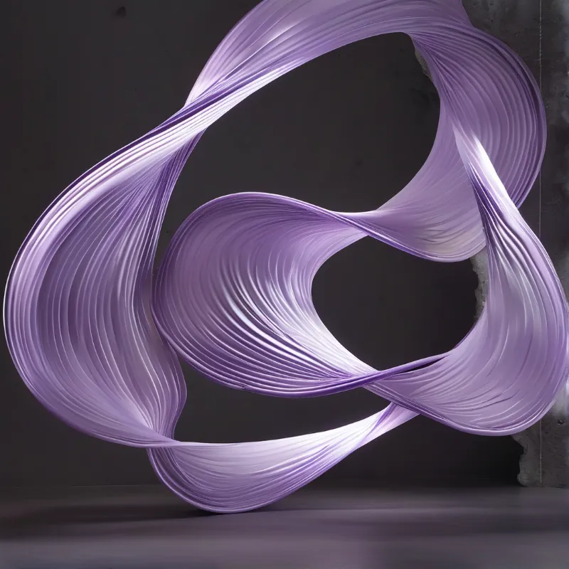 A twisted purple sculpture with layered ribbons stands on a dark floor against a concrete wall with bright highlights.