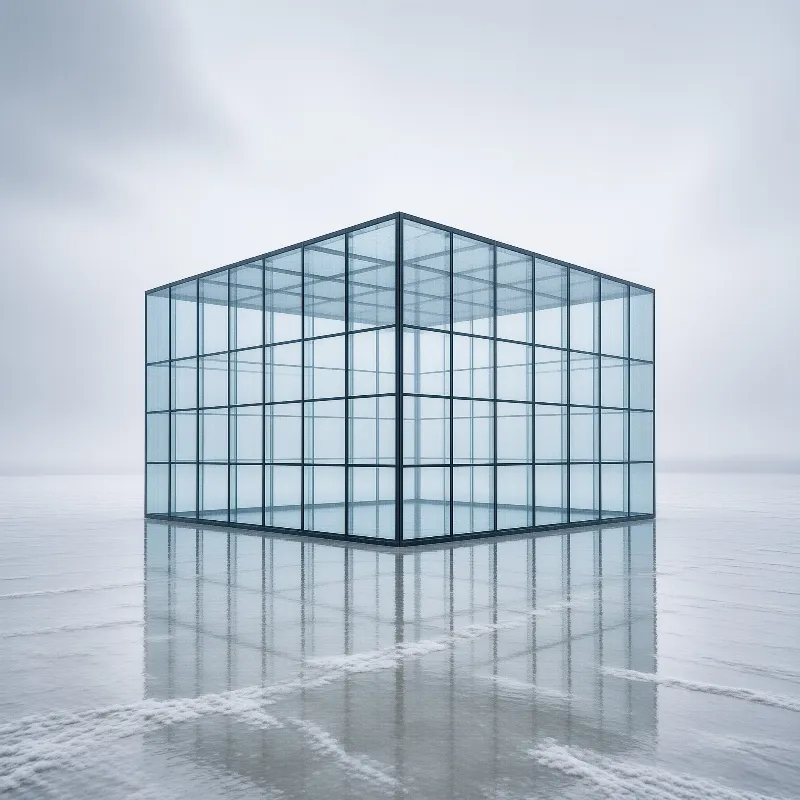 A transparent framed glass cube sits on a shallow reflective wet salt flat under a hazy foggy overcast sky with soft cool diffused light