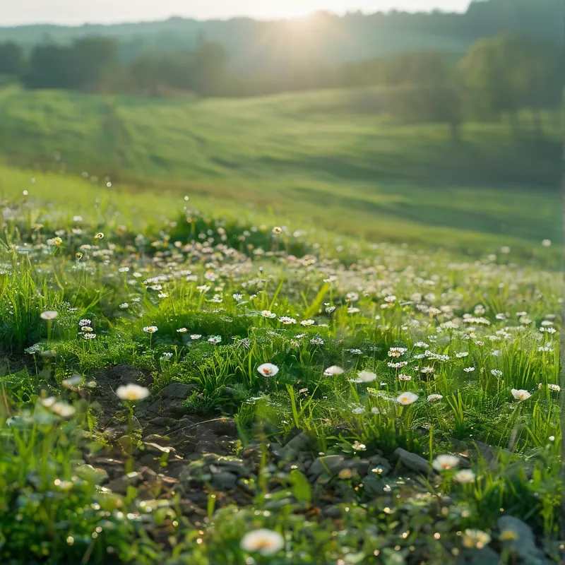 Tiny white blossoms dot a dewy grassy slope as morning sun spills over soft undulating hills.