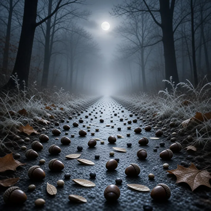 A winding forest path covered in acorns and leaves stretches toward a bright full moon shining through the misty trees.