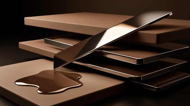 Rectangular brown slabs stack with one leaning diagonally while a pool of shiny liquid rests at the base.