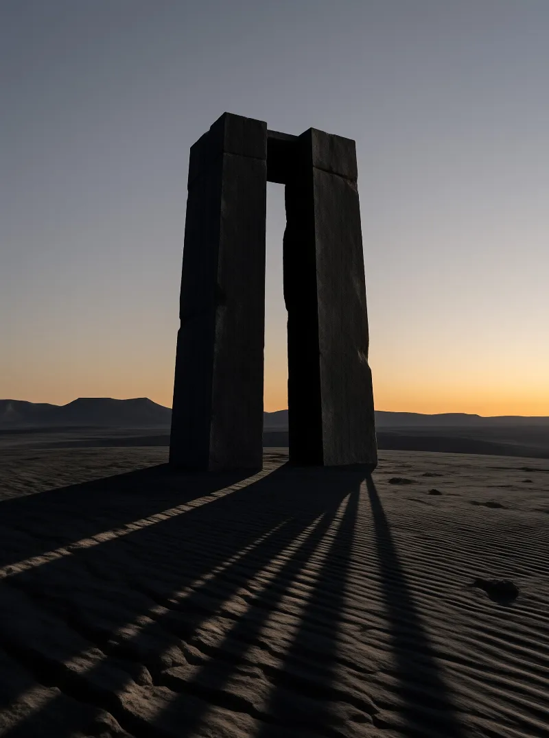 A massive stone archway stands in a desert landscape during sunset, casting long shadows across the rippled ground.