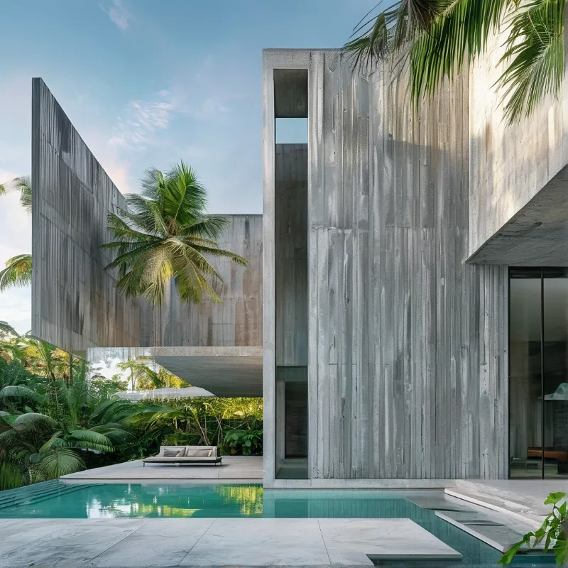 A modern minimalist concrete house features clean vertical lines and a rectangular pool reflecting the sky, surrounded by lush palm trees and tropical vegetation in a sunlit outdoor space.