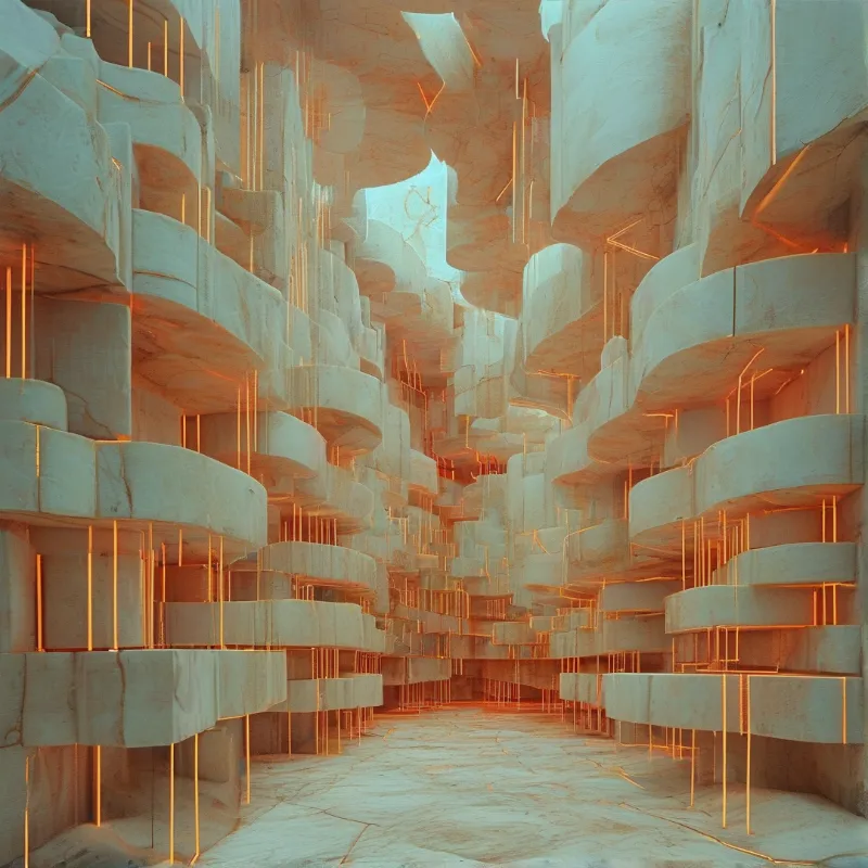 A cavernous hall lined with organic concrete tiers and illuminated by thin glowing orange vertical rods.