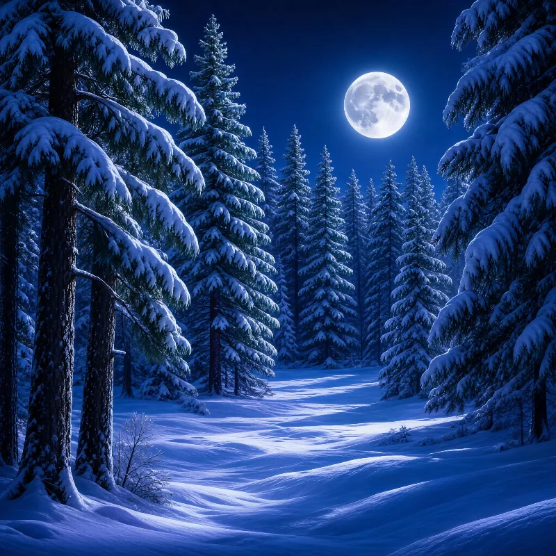 Winter Night in Snowy Forest
