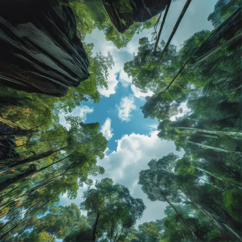 A worm's-eye view through a lush green forest looking up at a bright blue sky with white clouds.