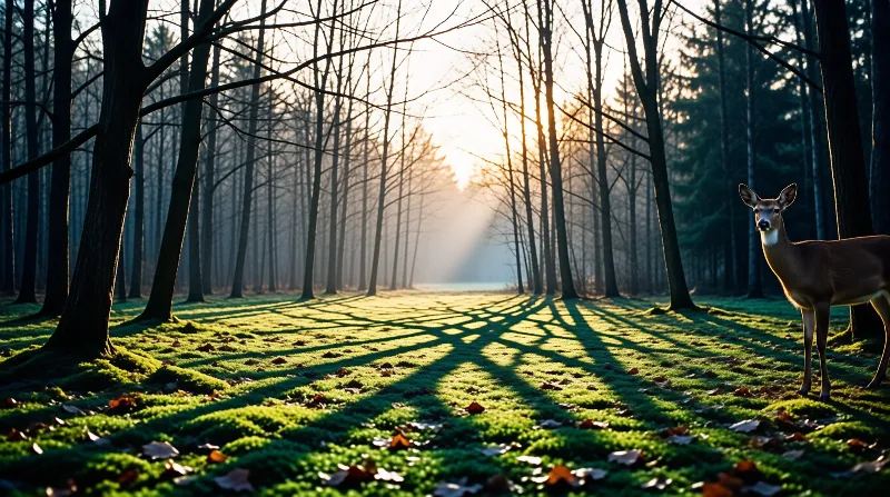 A deer stands on mossy ground as bright sunlight filters through tall bare trees casting long shadows.