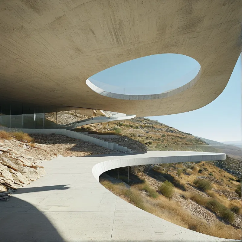 Large curved concrete structure on a dry rocky slope with a circular opening framing the blue sky.