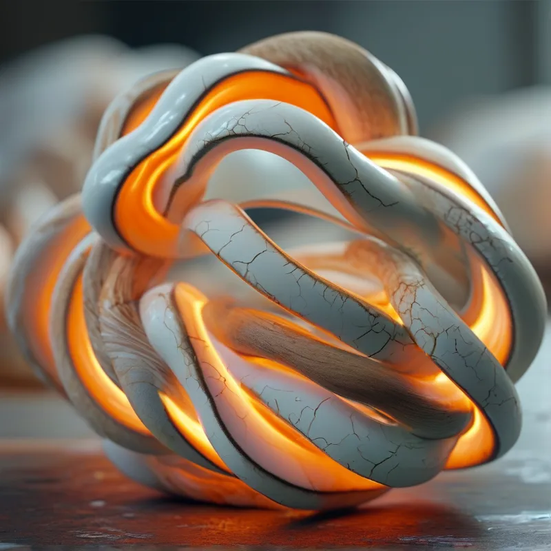 A cracked white knot sculpture rests on wood while glowing orange light shines from within its twisted sections.