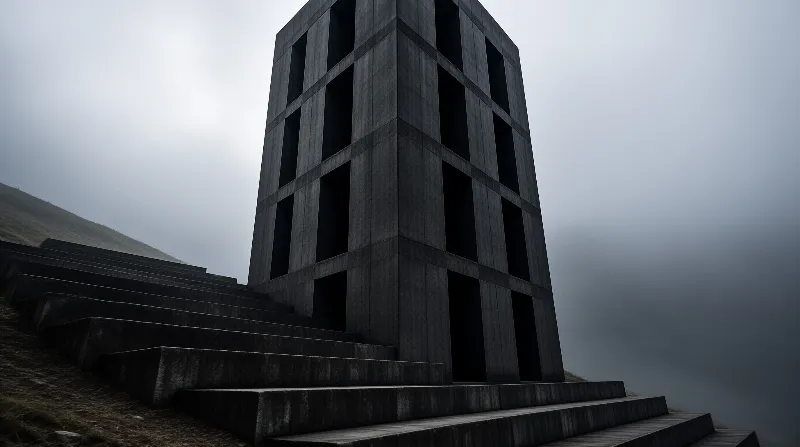 A tall brutalist concrete structure with a stepped stairway sits on a grassy hillside under a uniformly overcast grey sky.