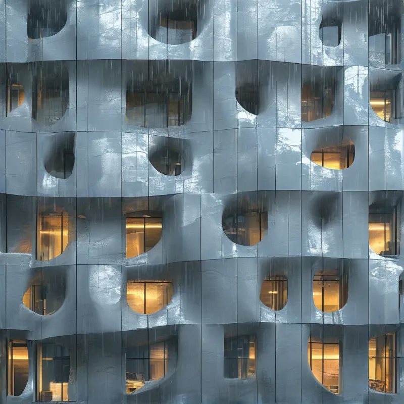 Silver metallic building facade with undulating curves and organic-shaped windows emitting warm yellow light from inside.