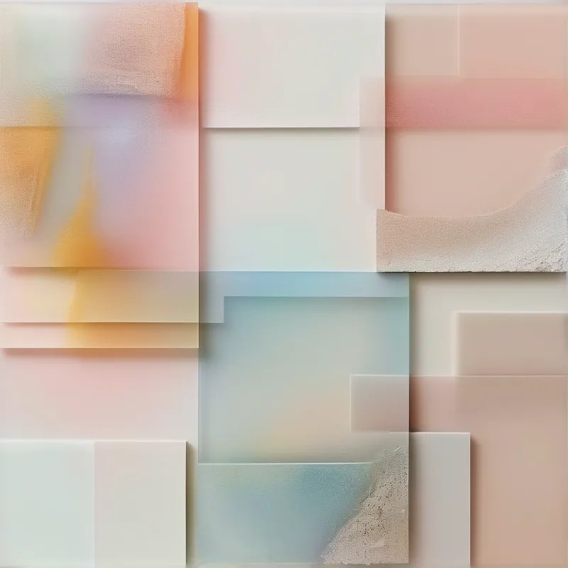 Overlapping translucent pastel rectangles in pink orange and blue form a soft layered geometric composition.