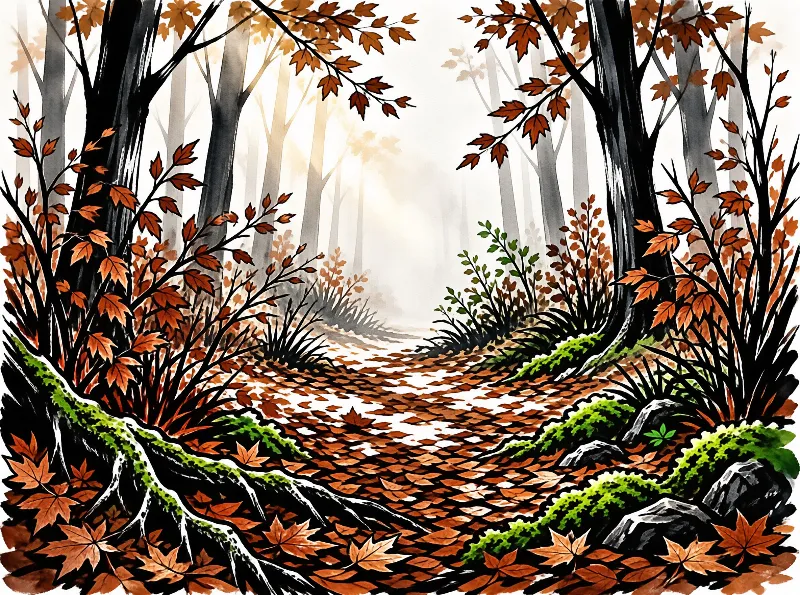 A winding trail covered in orange leaves leads through tall dark trees into a foggy distance.