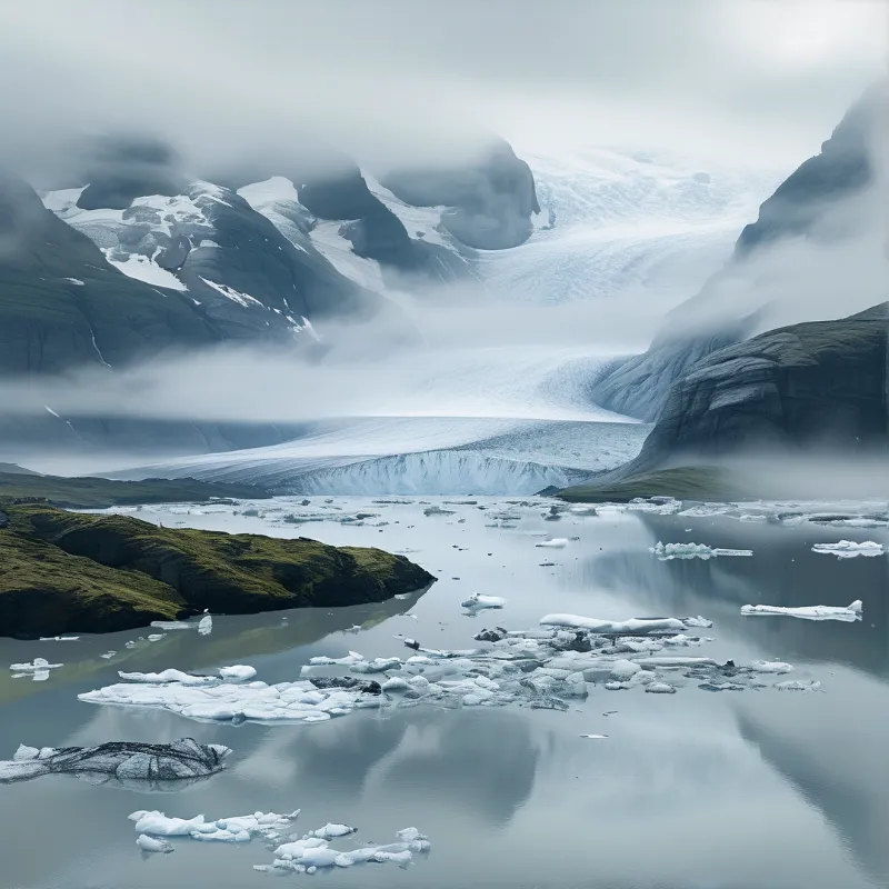 A massive glacier descends into a calm lake filled with floating ice while clouds obscure the surrounding peaks.