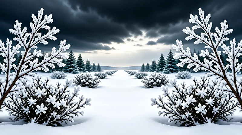 Snow-laden shrubs frame a frozen path through evergreen forest under dramatic clouds