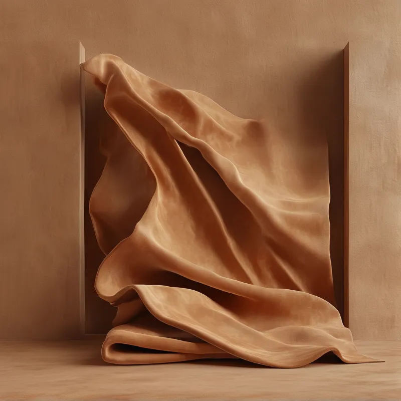 Soft caramel material hangs inside a recessed frame surrounded by uniform earthy tones and soft lighting.