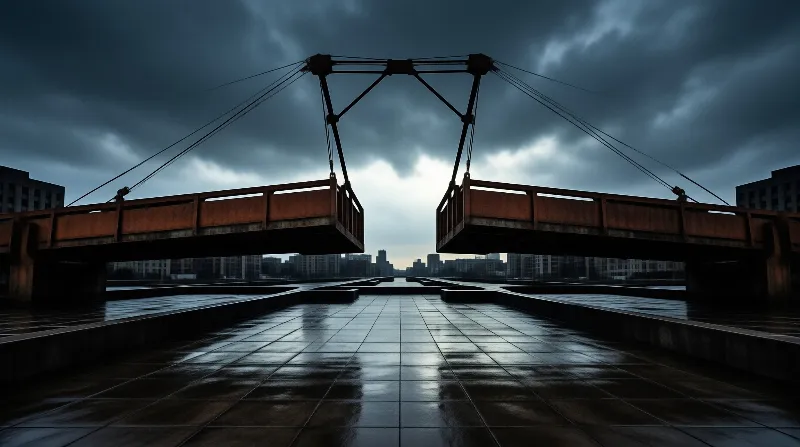 Two rusted bridge halves hang apart over a rain-slick plaza beneath heavy storm clouds.