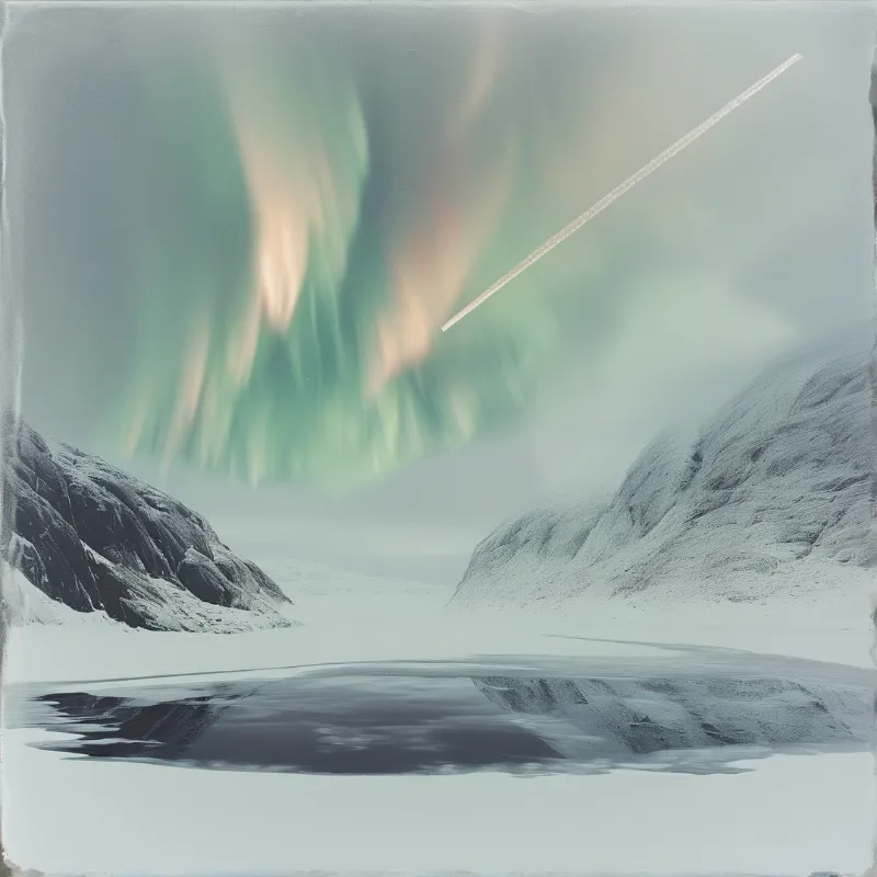 A bright streak crosses a green aurora sky above snow covered mountains reflecting in a calm lake below.