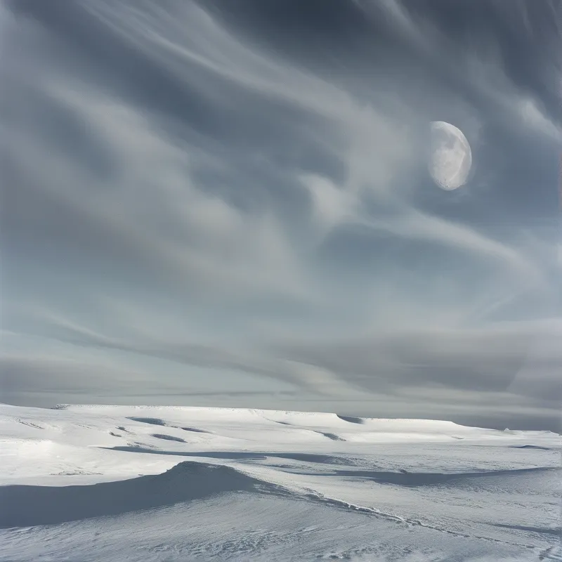 A large moon hangs in a cloudy sky above rolling snow drifts casting long shadows across the white terrain.