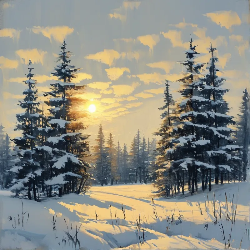 Snow covered pine trees stand in a winter landscape with a low sun casting long shadows across snow.