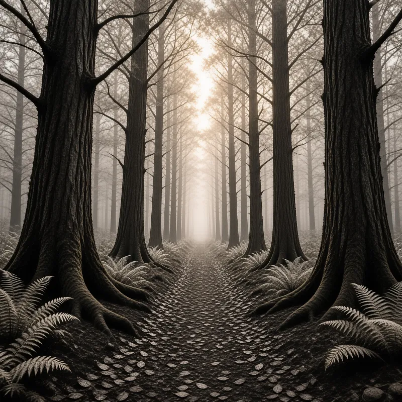 A view looking down a leaf-covered trail between tall trees with ferns growing at the base under bright fog.