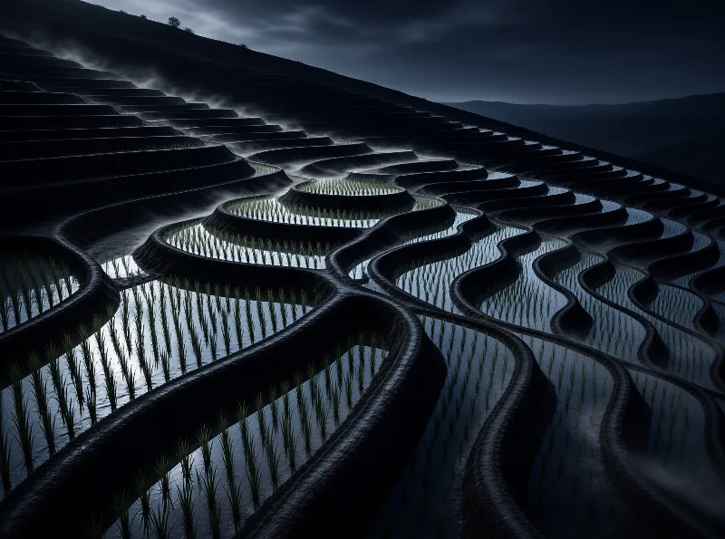 Dark terraced rice paddies filled with water reflect a pale moonlit sky with mist drifting over the curving ridges