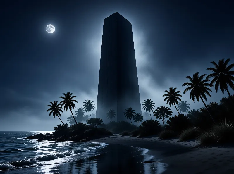 A huge dark monolith rises from a beach lined with palm trees under a dark blue sky featuring a bright full moon.