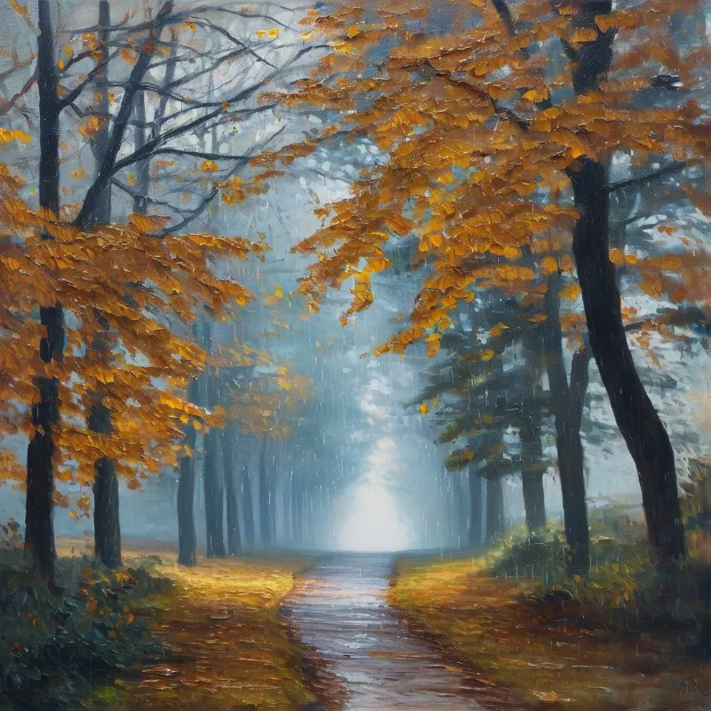 Wet trail winding through dense woodland with orange foliage and soft light glowing from the misty distance.