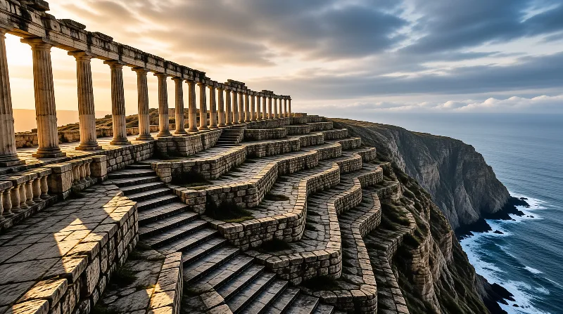 Ancient stone columns and winding steps descend a steep cliff overlooking the ocean under a dramatic cloudy sky.