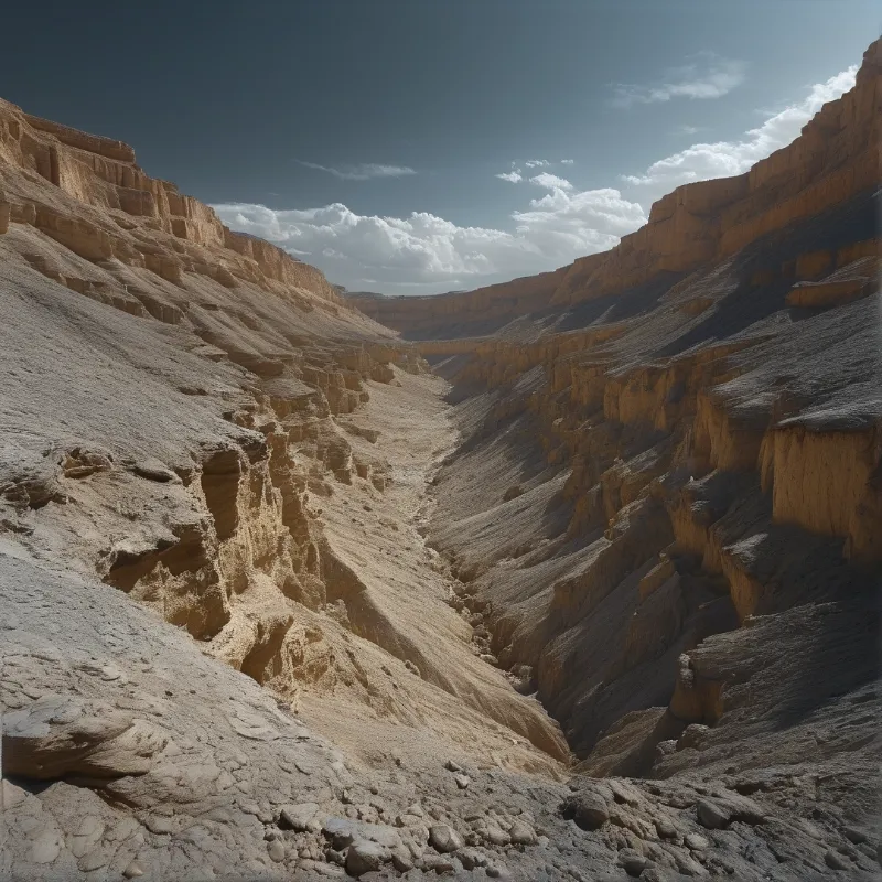 A deep dry canyon cuts through eroded earth with layered walls under a partly cloudy blue sky.