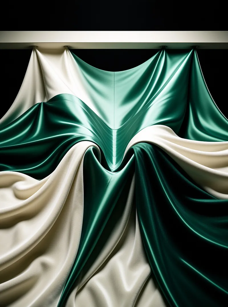Glossy green and cream satin hangs from a bar, forming symmetrical waves in the dark.