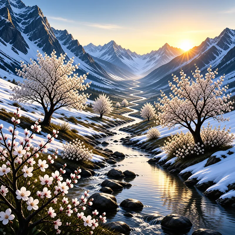 A river snakes through a snowy mountain valley as white blooming trees line its banks under golden sunrise light.