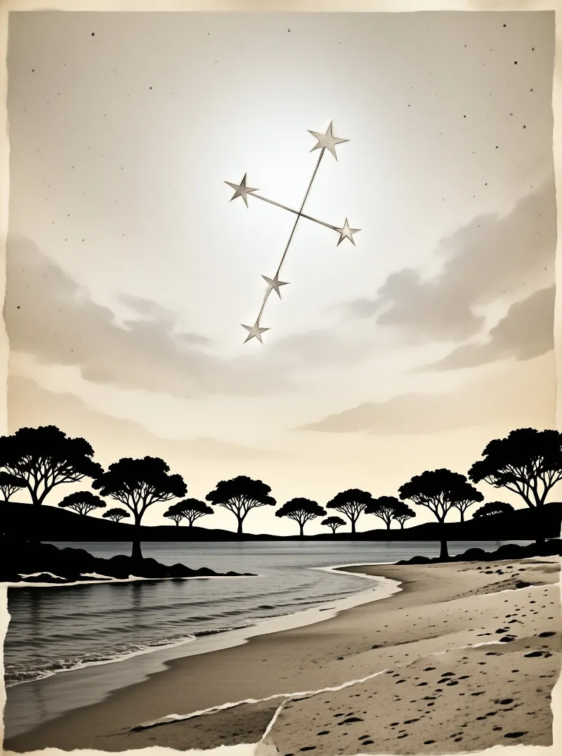 A vintage style artwork displaying connected geometric stars floating within a moody overcast sky hovering above a sandy coastline bordered by dark foliage and gentle waves washing onto the shore.