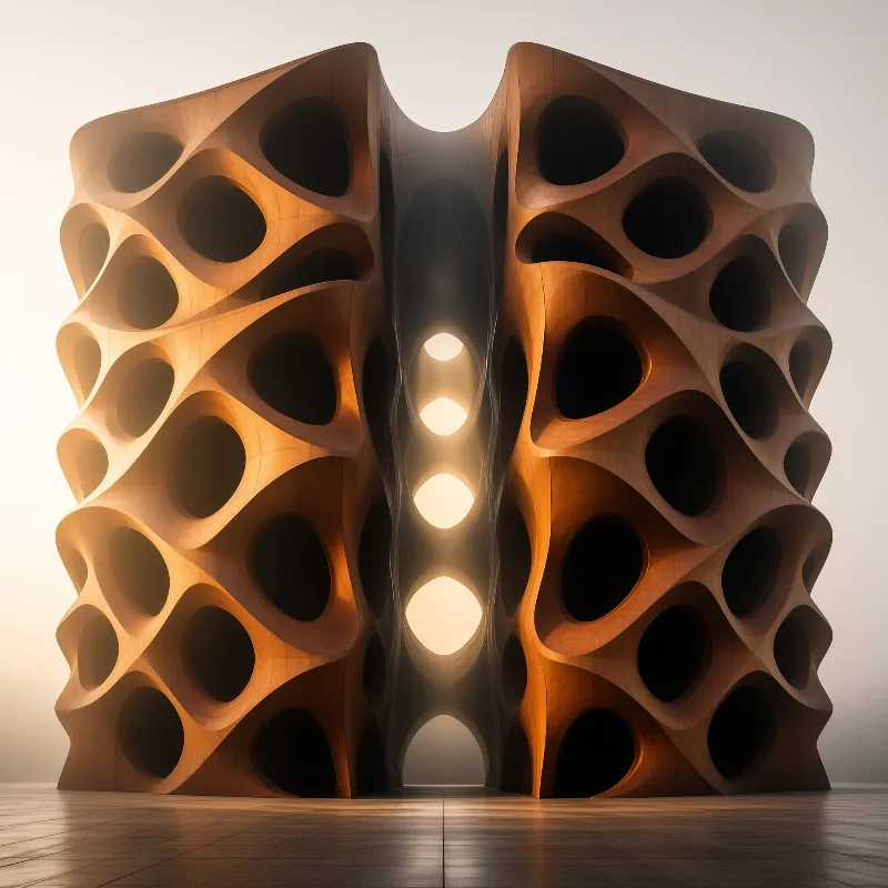 A large porous wooden structure stands in a studio with warm light glowing through its central vertical opening.