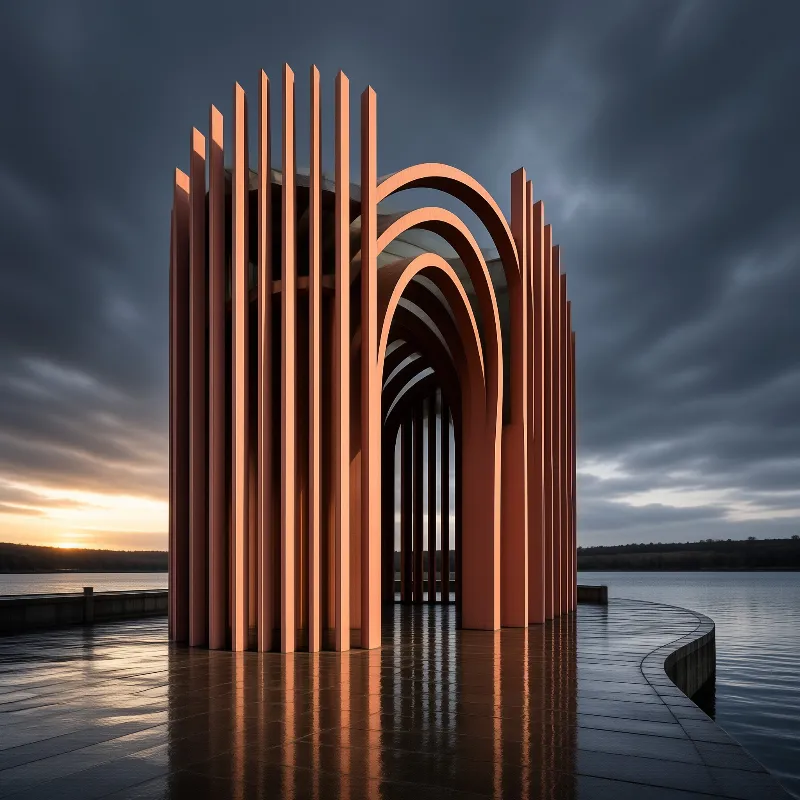 Modern copper arches rise from a wet reflective pier beside dark water beneath a moody sunset sky.