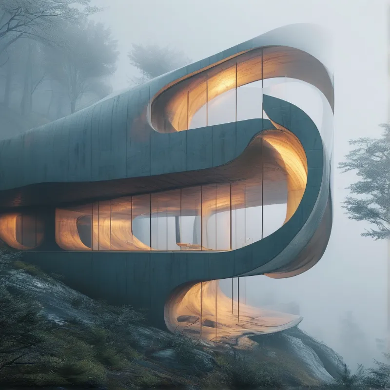 A curved concrete building with warm glowing windows rests on a misty forested hillside surrounded by fog.