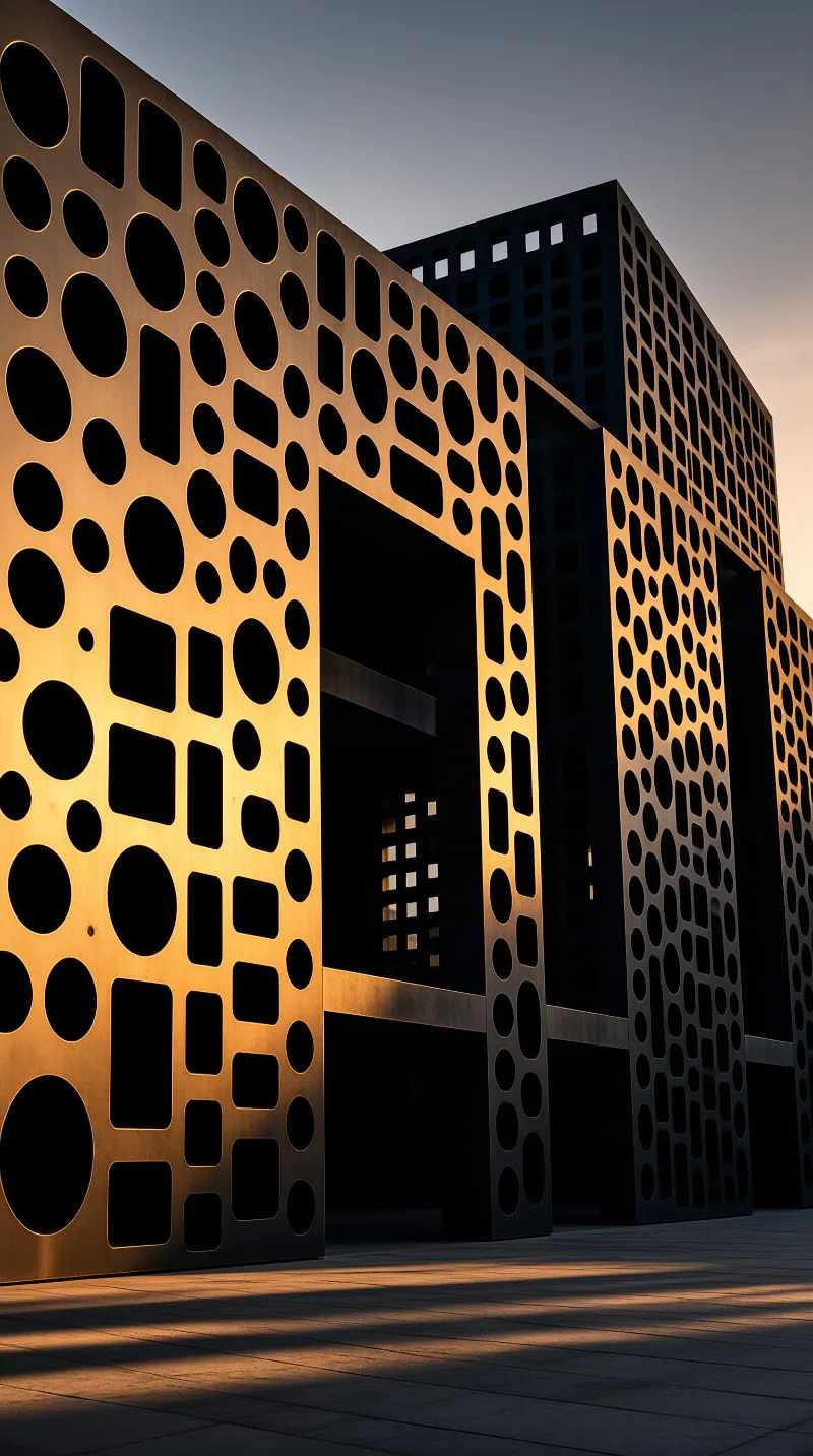 Warm sunlight illuminates large perforated metal panels with organic shapes, casting long shadows across a paved plaza near a tall dark building.