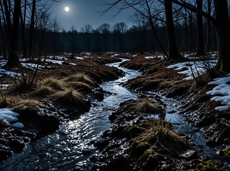 A narrow stream meanders through a dark wooded area reflecting moonlight amidst patches of melting snow.