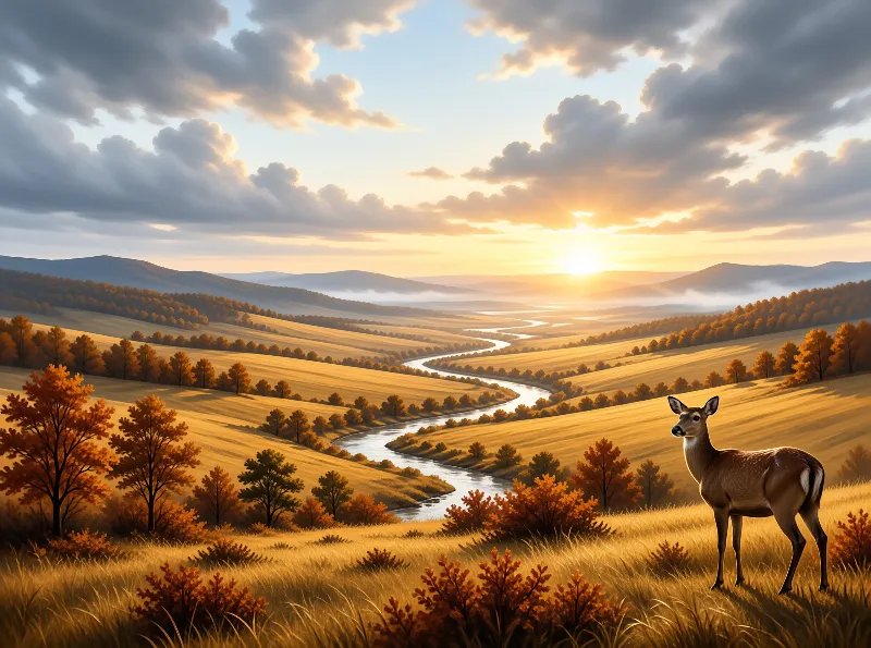 A doe pauses on a grassy ridge watching a meandering stream flow through autumn valleys near glowing clouds.
