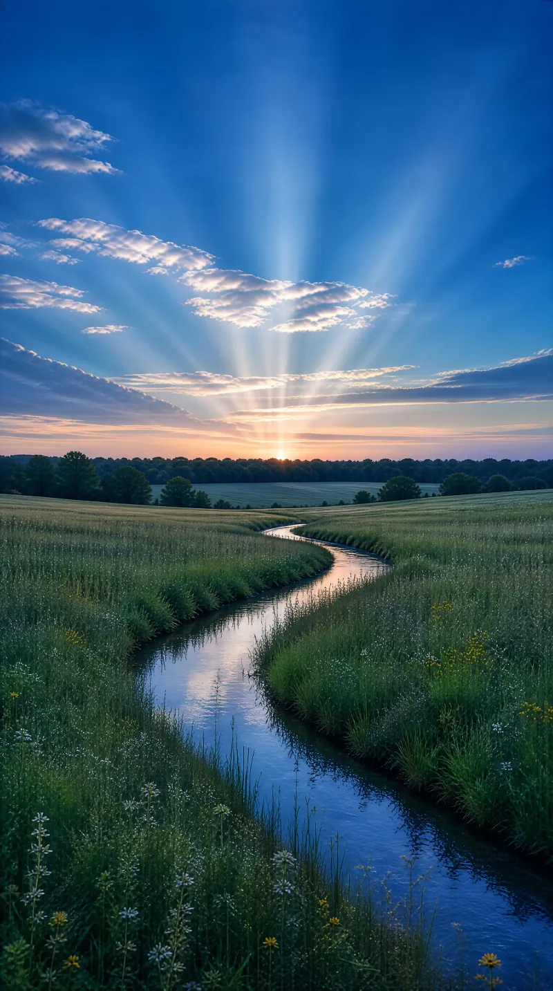 Sunrise Over a Winding Stream