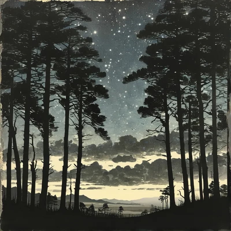 Dark silhouettes of pine trees frame a view of rolling hills and mountains beneath a cloudy night sky filled with stars.