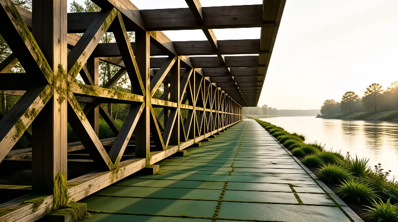 Wooden truss walkway covered in moss beside a sunlit river with a path of green stone slabs.