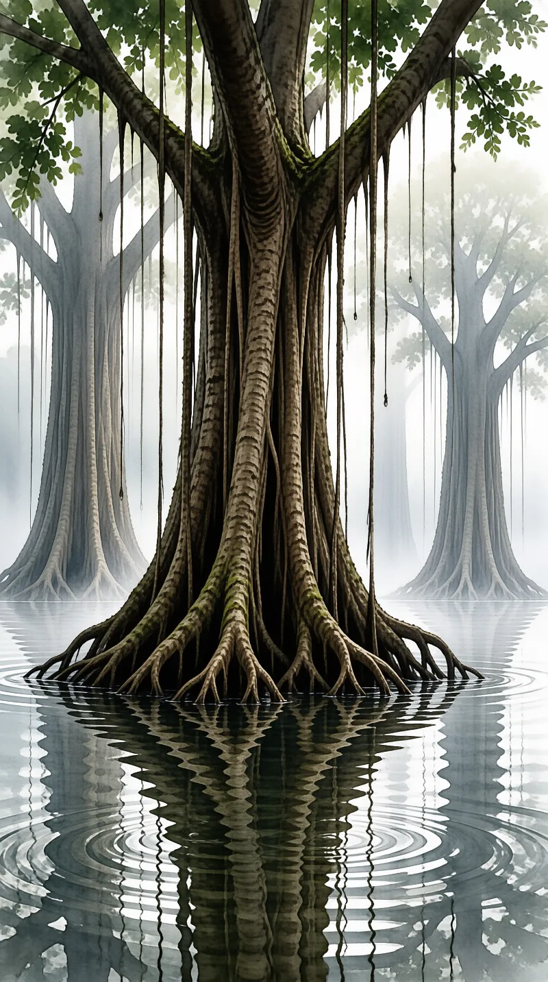 An enormous trunk drops dozens of roots into a fog covered pond, their lines broken by gentle ripples
